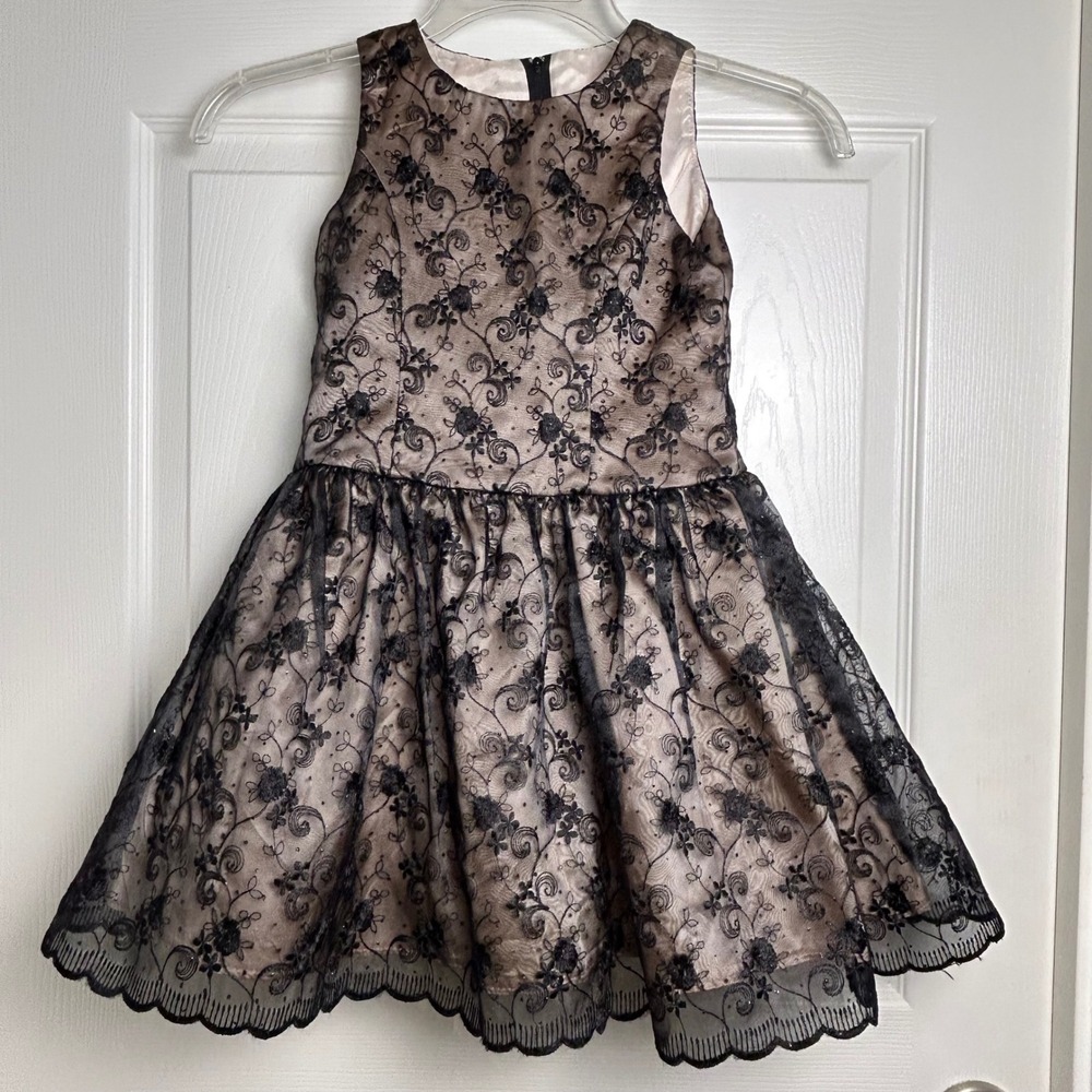 Jessica McClintock‎ Girls Black Lace Champagne Satin Dress Sz 4 USA Made Vintage